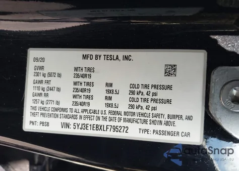 2020 Tesla Model 3 Long Range Dual Motor All-Wheel Drive из США, поврежденный, VIN 5YJ3E1EBXLF795272